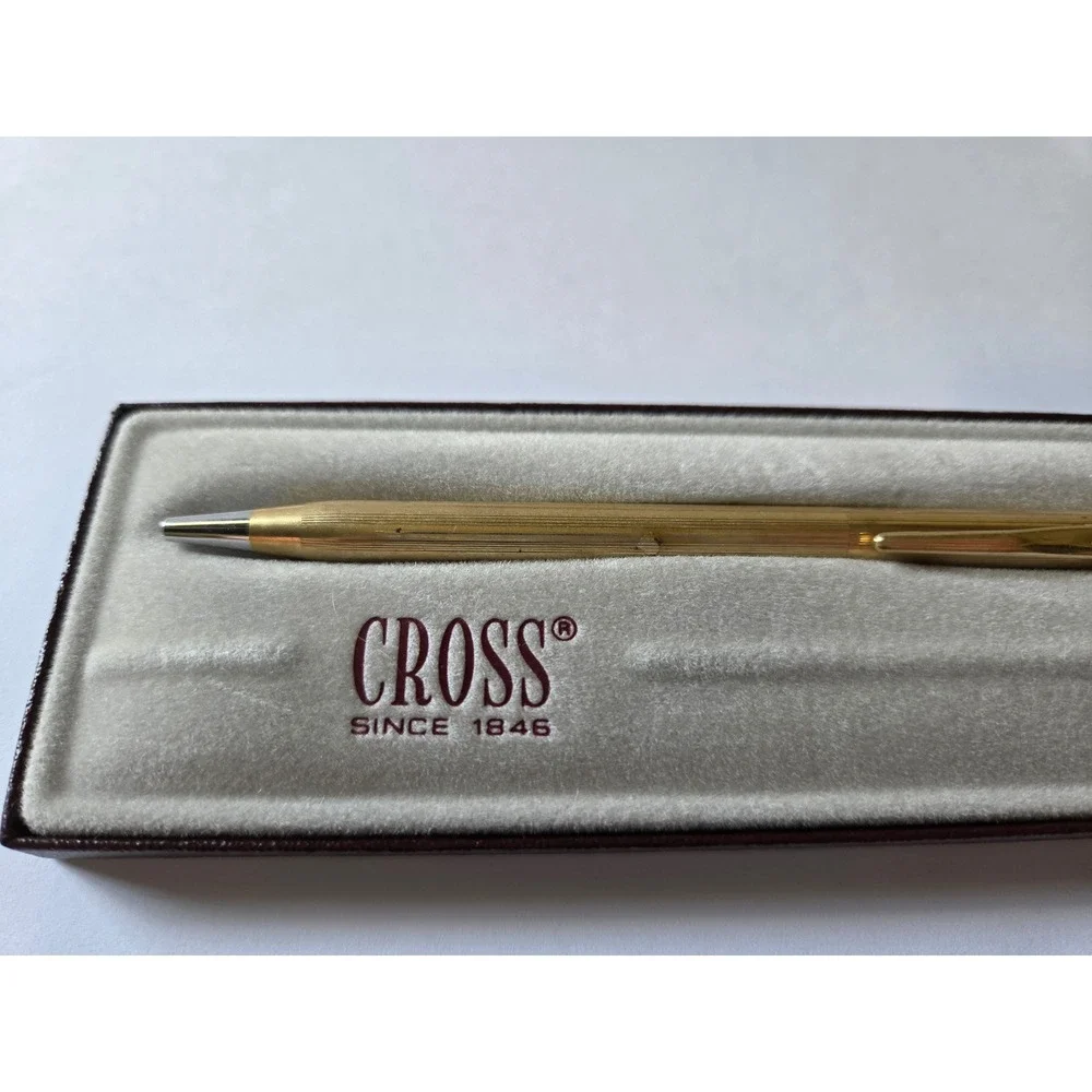 Vintage Cross Gold Tone Ballpoint Pen 2202 Pinstripe with Burgundy Box